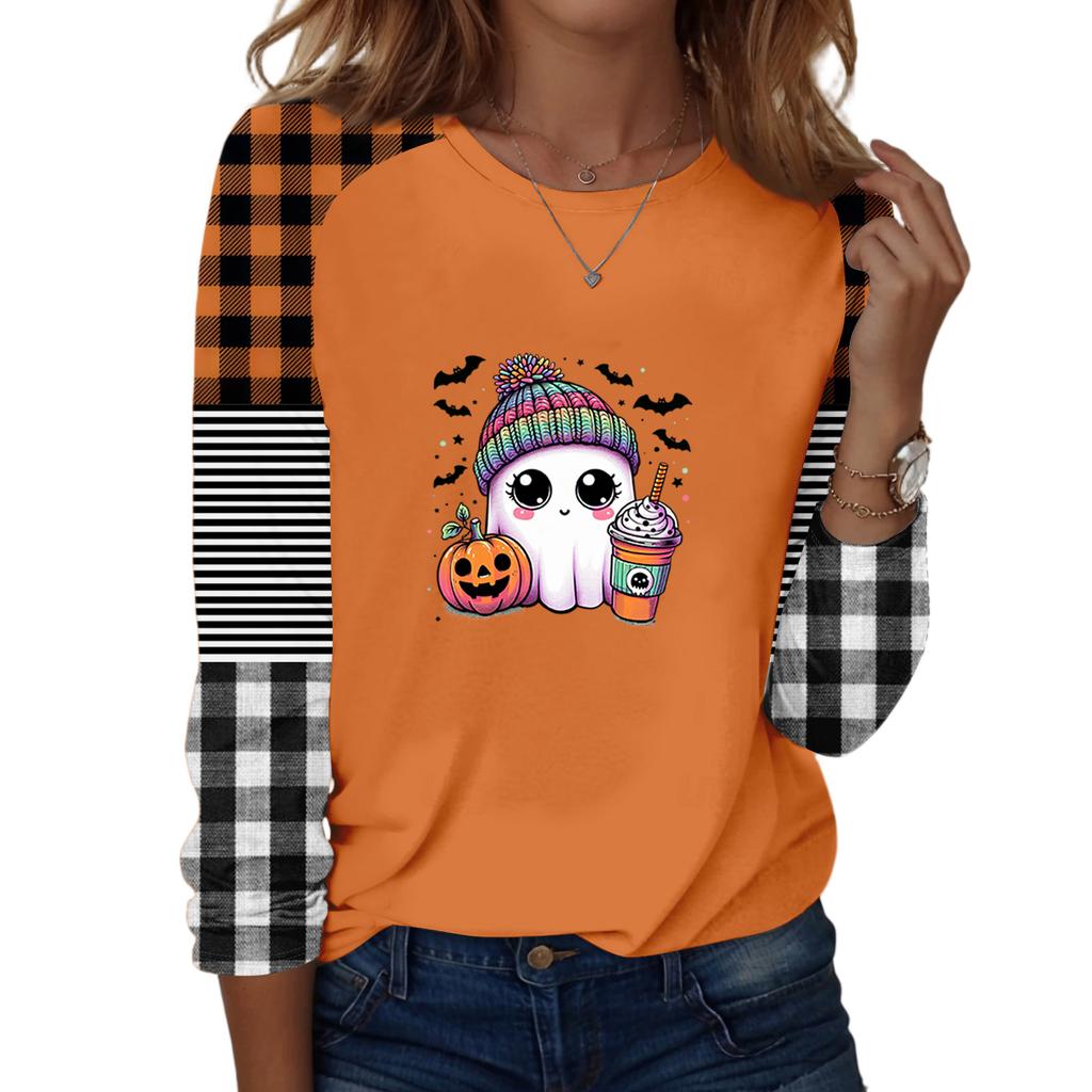 Women's Halloween Print Long Sleeve Round Neck Tunic Top Casual Blouse for Fall Parties