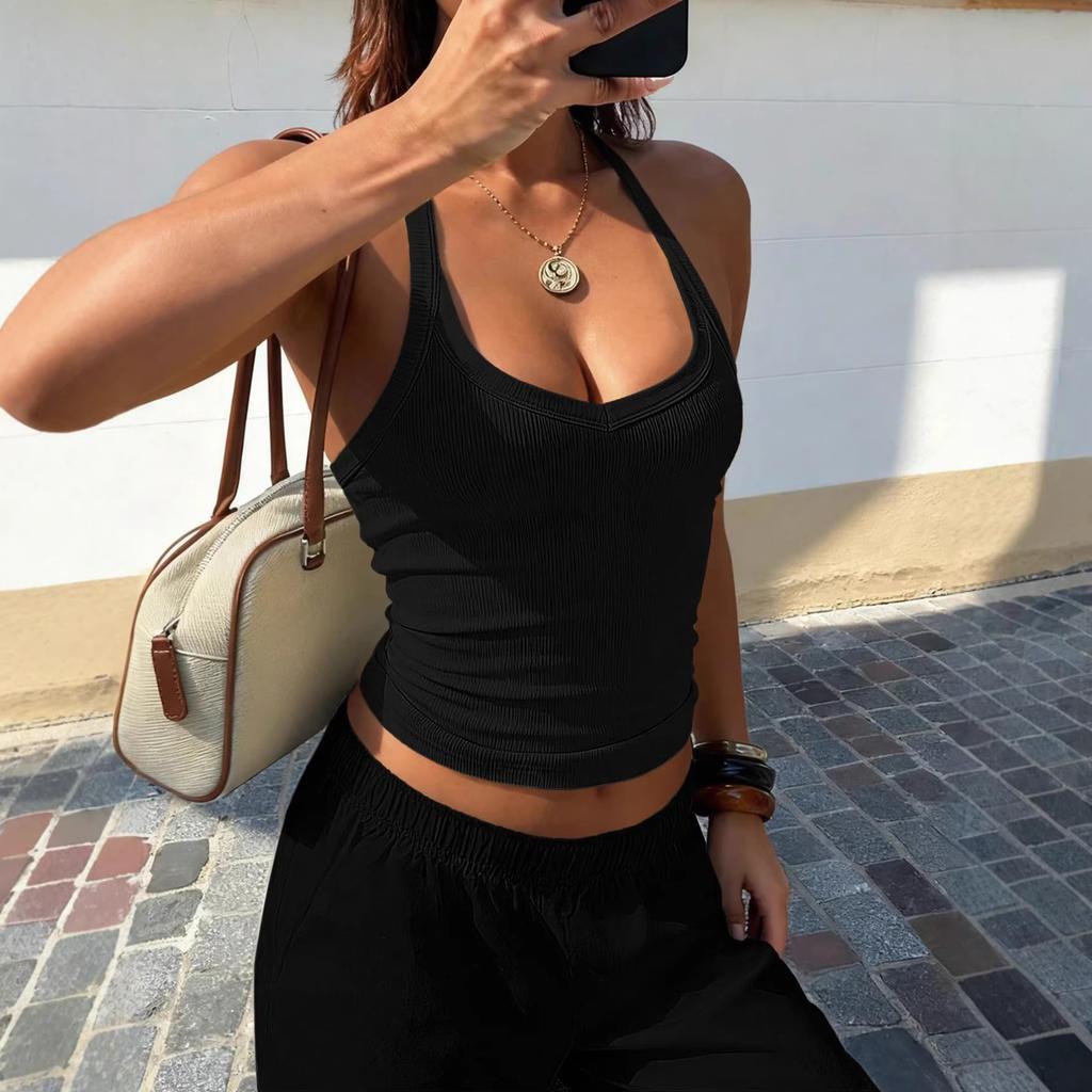 European beautiful women's ribbed vest summer basic sexy slim sling V-neck going out vest