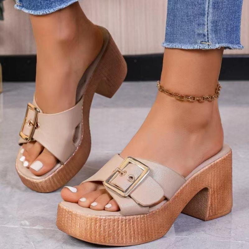 Women's Peep Toe Buckle Strap Sandals, Chunky Heel Platform Summer Shoes, Plus Size Fashion Heels