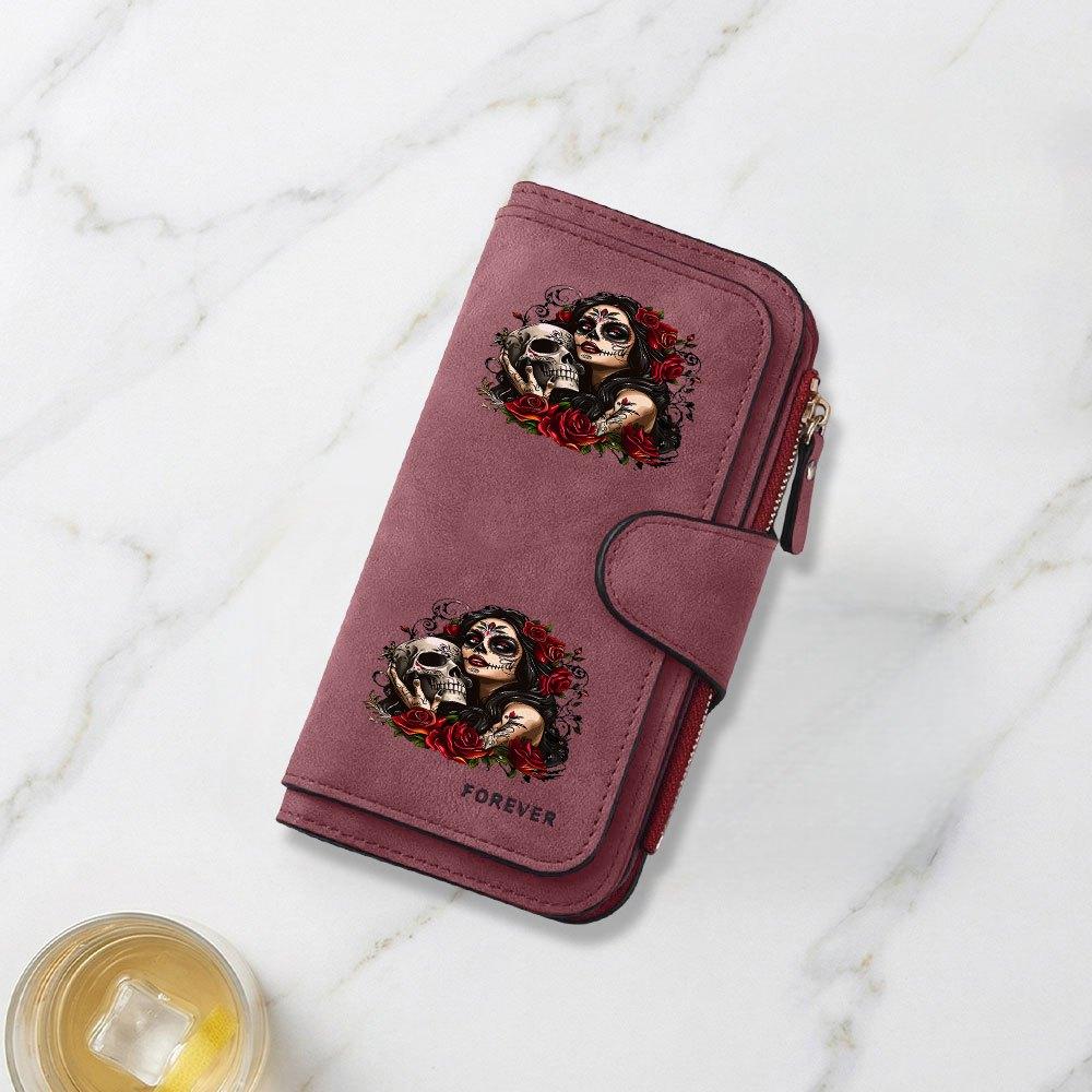 Fashionable long wallet with eye-catching rose and skull art print design. Multifunctional portable coin purse with clasp. Large-capacity zippered