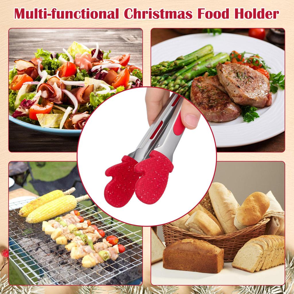 1Pcs Christmas Gloves Shaped Food Clip Lightweight Silicone Bread Steak Barbecue Tong Kitchen Tool Stainless Steel Food Clip