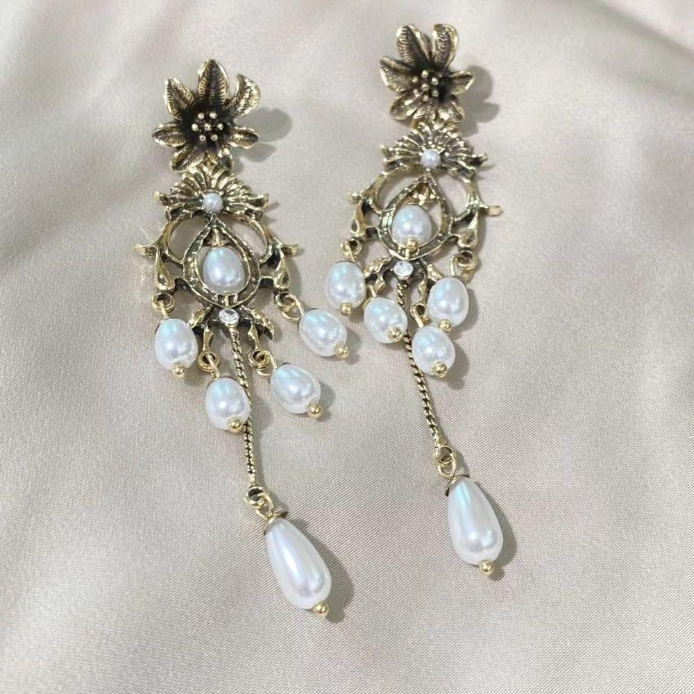 Waterdrop Shape Pearl Drop Earrings Bronze Flower Stud Earrings Vintage Metal Earrings  Party