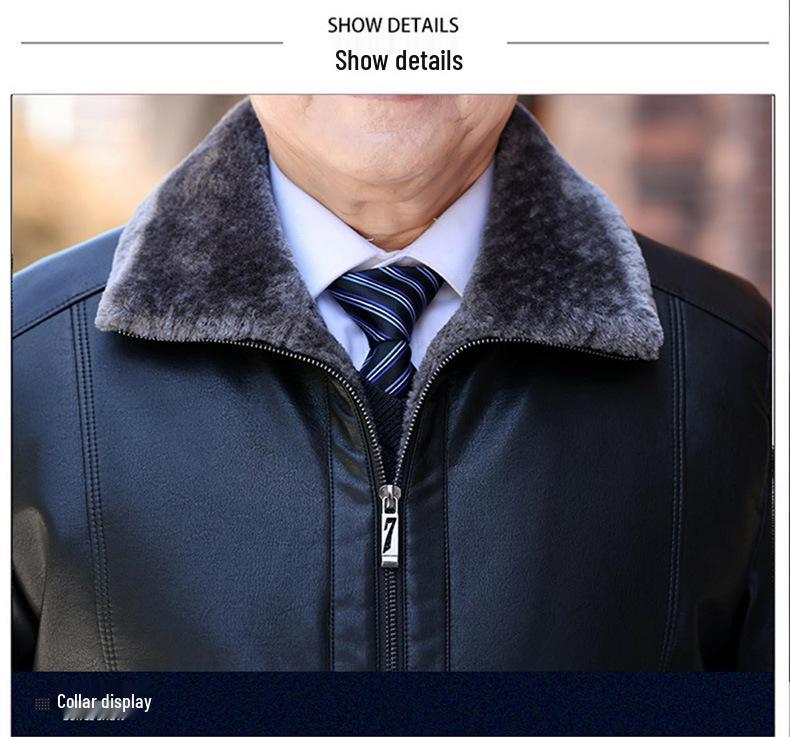 Men's 50+ Velvet-Lined Leather Jacket for Winter, Suitable for Middle-Aged & Elderly