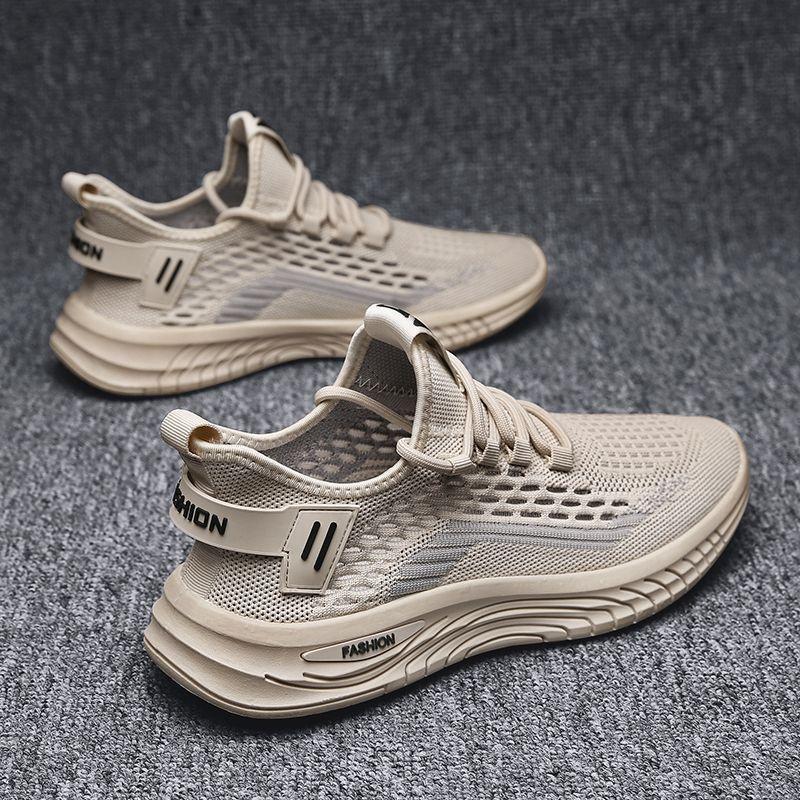 

Men s shoes mesh breathable spring fly-woven lace-up running shoes hollow soft-soled coconut sneakers trend 38 бежевый