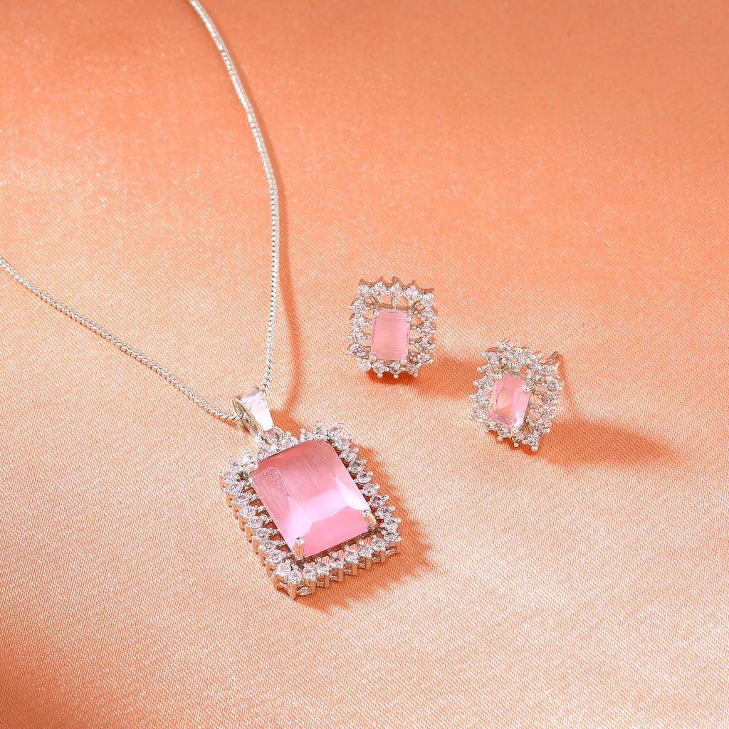 Estele Designer Square Pendant Set with Rhodium Plated CZ and Mint Pink for Women