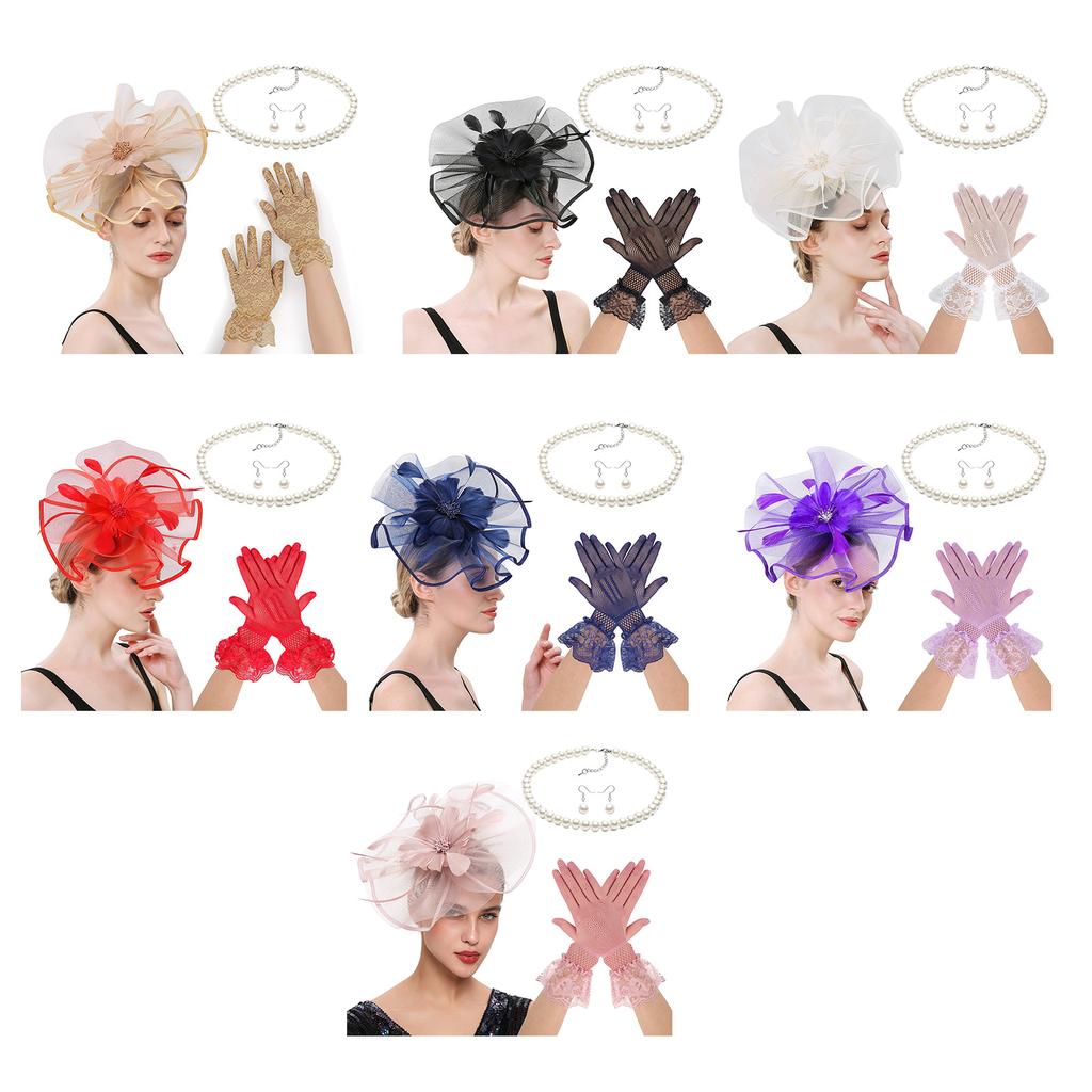 4IN1 Costume Tulle Hair Accessories Fascinator Hat Gloves Necklace Set For Equestrian Event Formal Occasion Dressingup