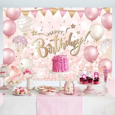 Party Supplies Pink Gold Birthday Party Polyester Happy Birthday Banner Home Decorations Girls