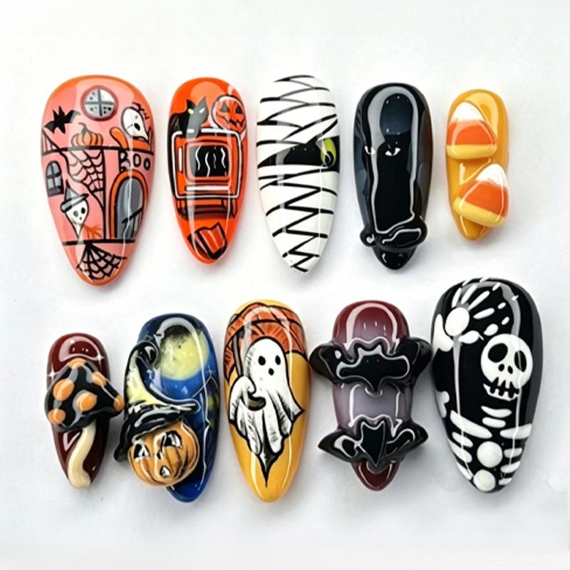 Halloween 3d Embossed Bat Ghost Skull Press On Nails For Women