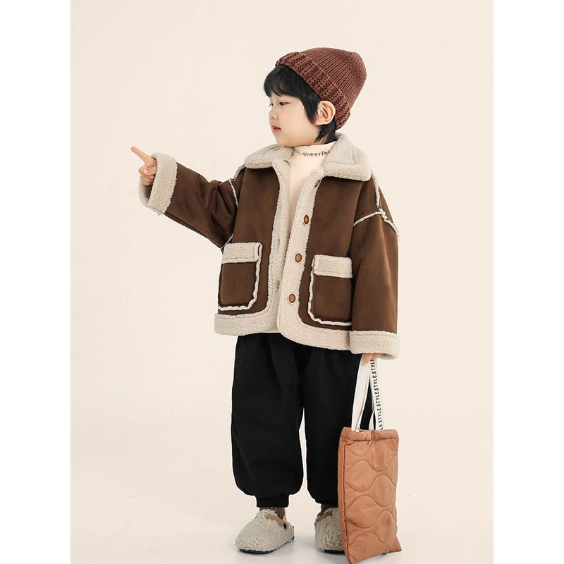Children's Clothing, Boys' Fleece Jacket, Winter Kidsren's Fur Integrated Cashmere Cardigan, Single-Breasted Top for Small and Medium-Sized Kidsren