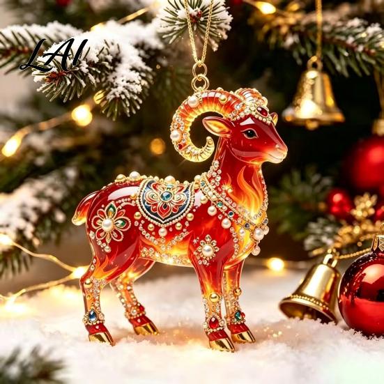 Acrylic Ornament for Restaurant 2PCS Christmas Goat Hanging Ornaments Decorative 2D Tree Birthday Party Decor Pendants Lightweight Festive Ornaments
