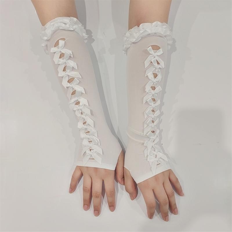 Lace Bowknot Anime Sun Protection Gloves Sun Blocking Soft Hollowed Arm Sleeves For Women Outdoor Daily Use
