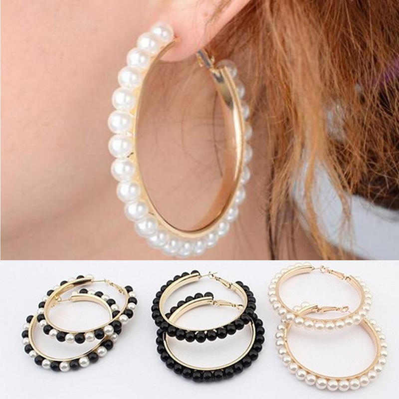Женские модные серьги из искусственного жемчуга, шикарные бусины, позолоченные серьги-обручи, круглые серьги White