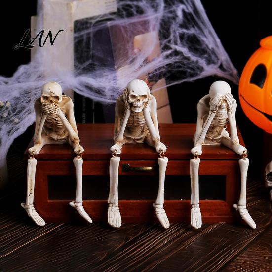 Spooky Festive Decoration Items Halloween Skeleton Statue, See Speak Hear No Evil Figurines, Holiday Party Decor Collectible Skull for Indoor