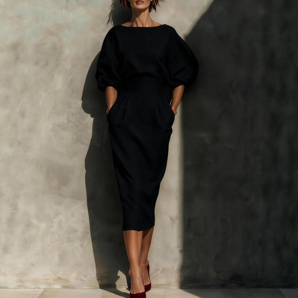 Spring-Autumn French Retro Elegant Boat Neck Dress with Puff Sleeves and Pleated Mid-Waist Skirt