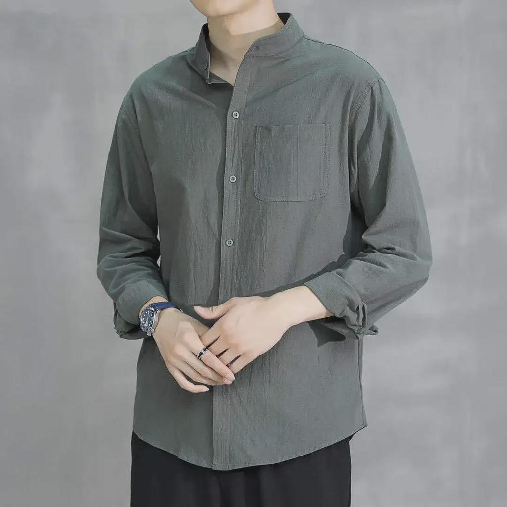 Men's Retro Chinese Style Linen Long Sleeve Shirt with Stand Collar