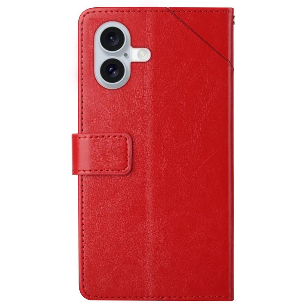 HT01 For iPhone 16 Case Y-Shaped Lines PU Leather Phone Cover with Wrist Strap