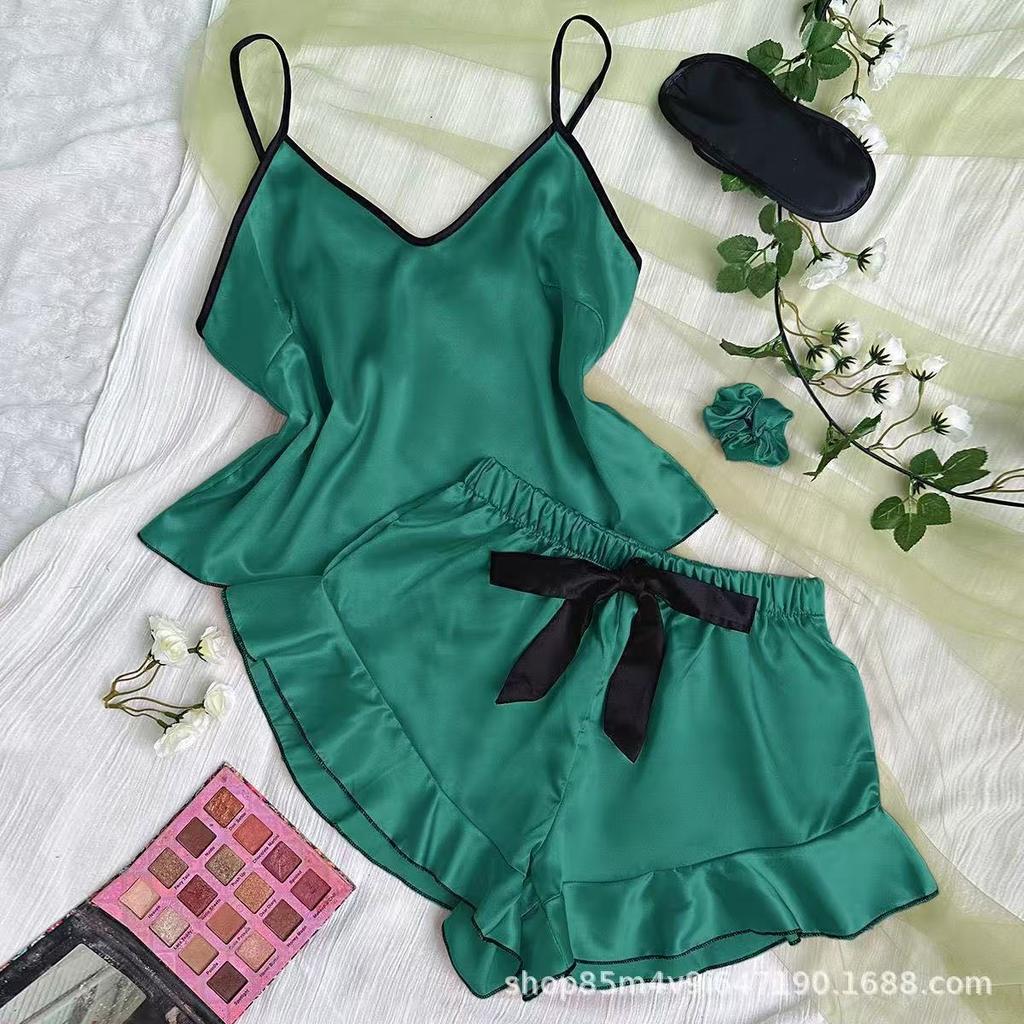 Women's Summer Silk Satin Pajama Set Sexy Camisole Shorts Loungewear Lightweight Breathable Sleepwear