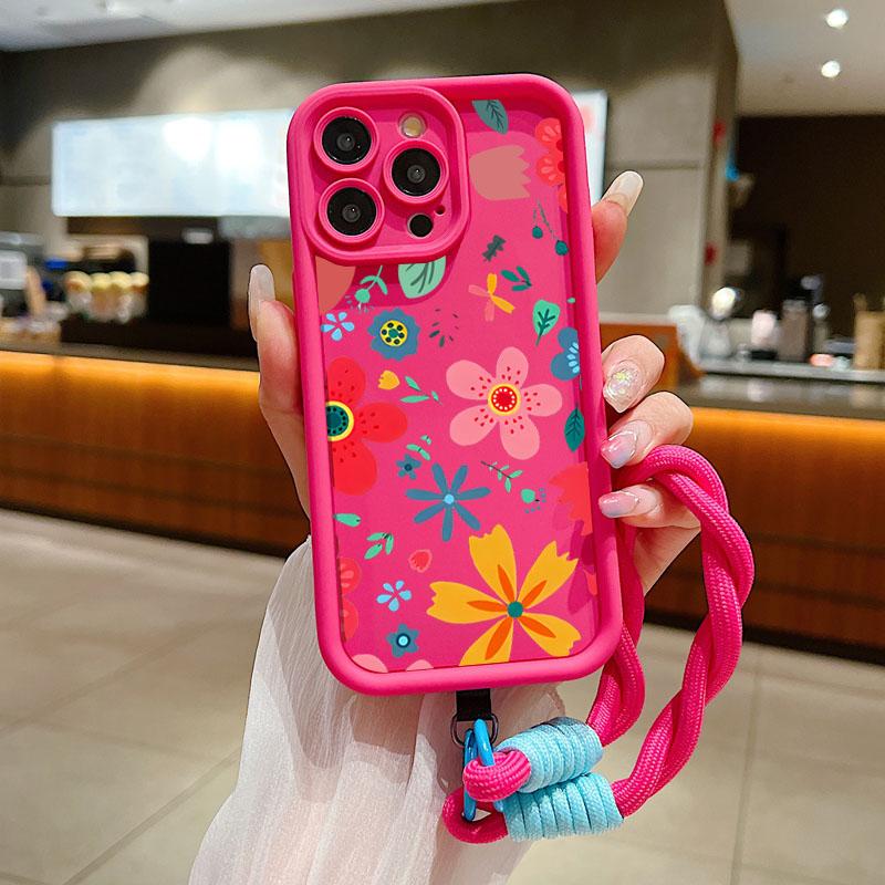 Wrist Chain Lanyard Phone Case for iPhone 11 12 13 14 15 16 Pro MAX XS Max XR 7 8 16 Plus Cute Flower Hand Strap Soft TPU Cover