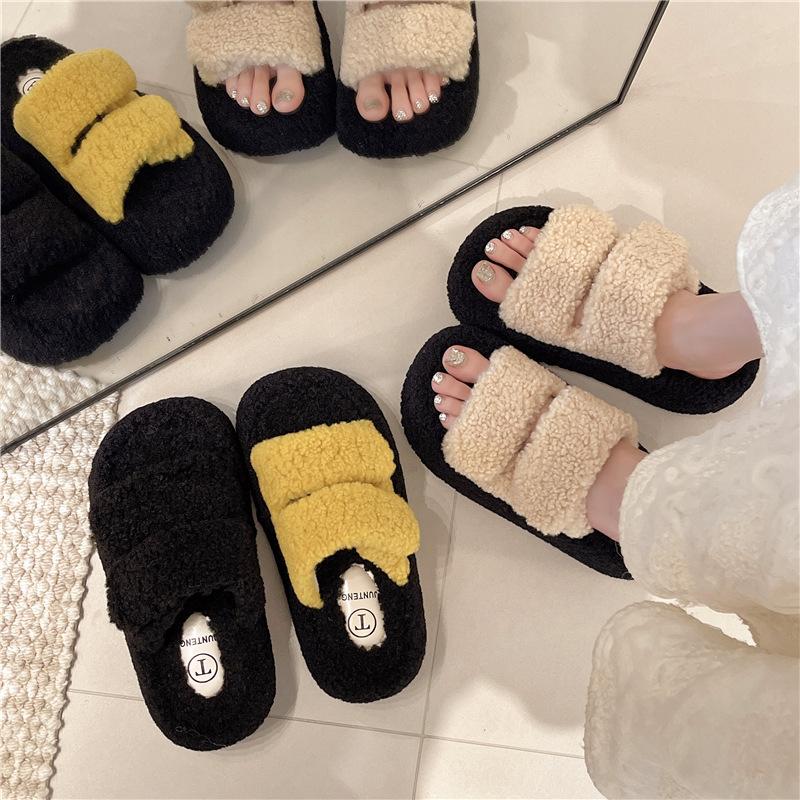 Thick-bottomed fluffy slippers for women's outer wear, one-word velvet to keep warm and increase height, autumn and winter 2025 new mink wool cotton
