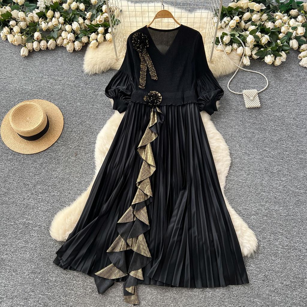European and American Celebrities High-end Dress Women's Autumn Fungus Edge Ruffle Edge Loose Design Temperament Big Pendulum Long Skirt