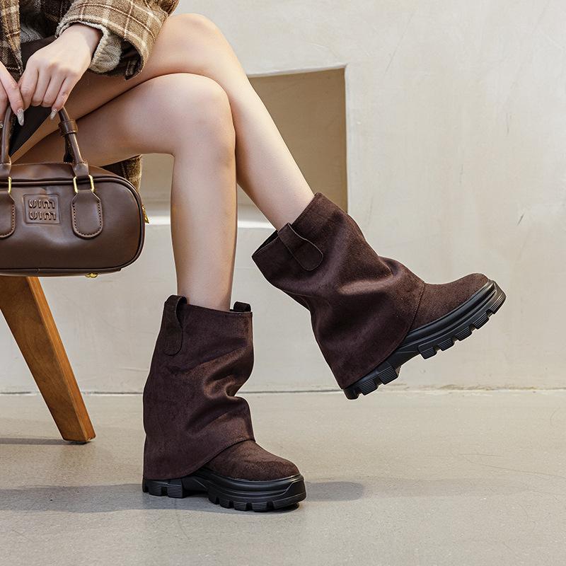 8CM Thick-soled Two-wear Removable Trouser Tube Boots Women's Autumn and Winter Double-layer Irregular Folds Design Sense Niche Tide
