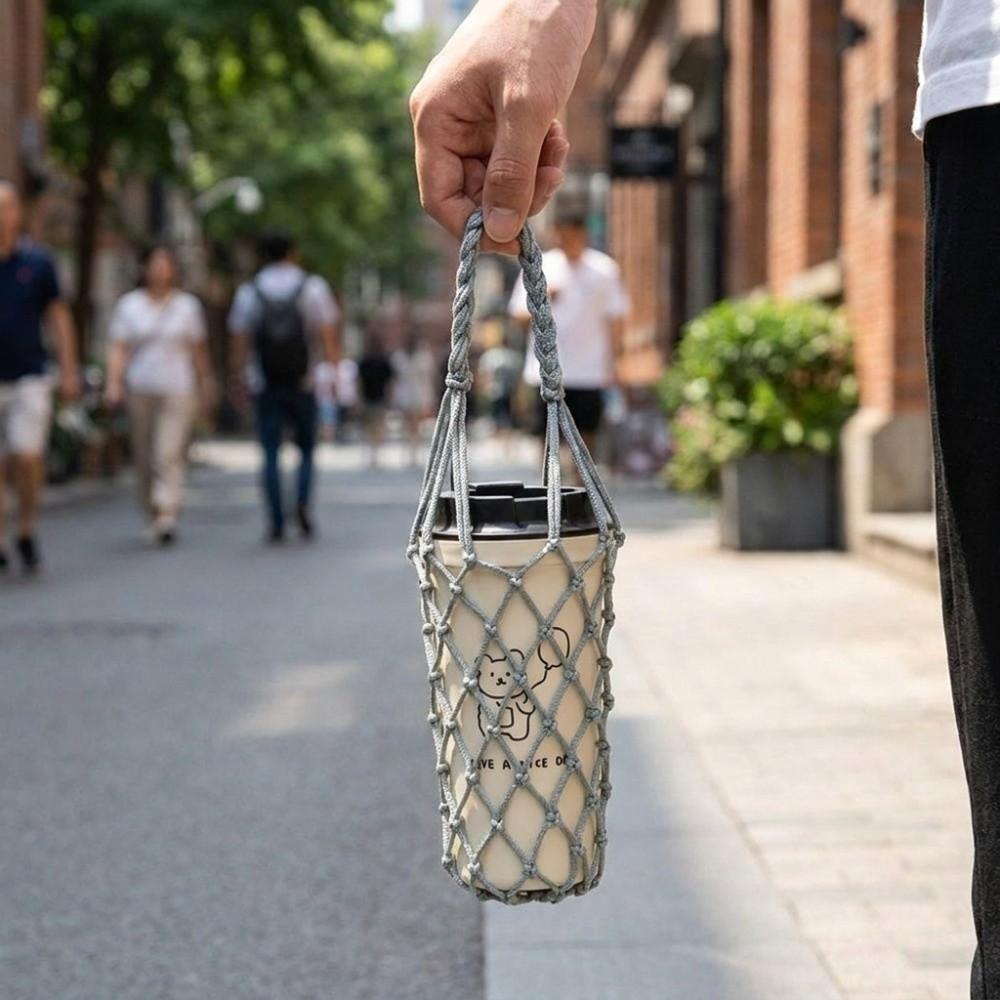 Cotton Rope Handheld Water Cup Mesh Bag Portable Water Bottle Bag Hollow Out Bottle Bag Walking