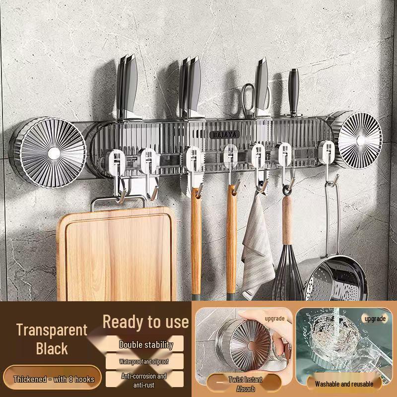 Nástěnný úložný stojan na kuchyňské nože a náčiní s přísavkami a háčky bez nutnosti vrtání