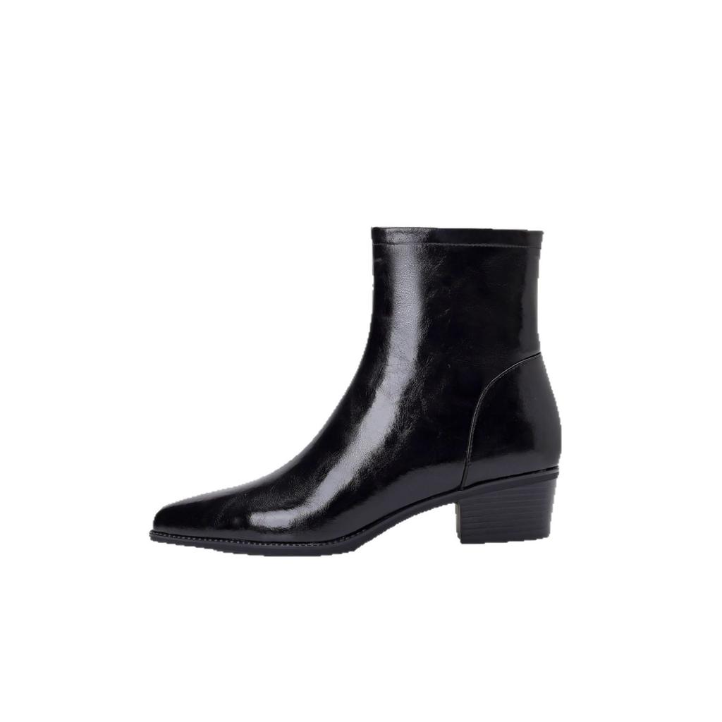 New fur integrated short boots women's thick heel pointed tip fleece warm thin boots black side zipper Martin boots