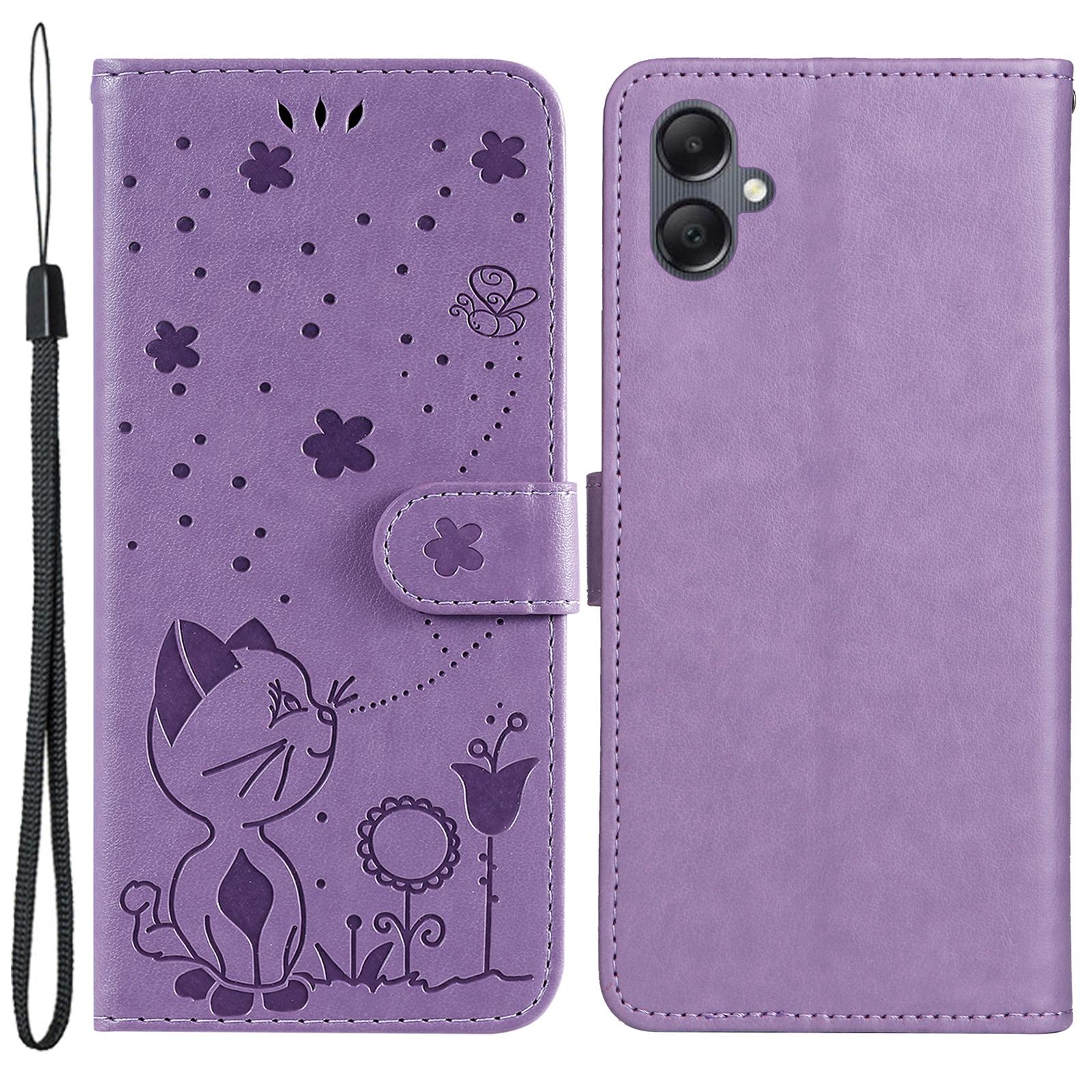 

Шкіряний чохол для Samsung Galaxy A05 4G з візерунком кота та бджоли, чохол-гаманець з підставкою та ремінцем Purple