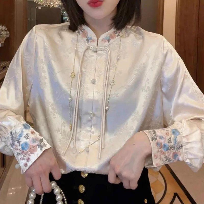 Women's 2024 National Style Jacquard Top: Spring/Autumn Stand Collar High-End Shirt