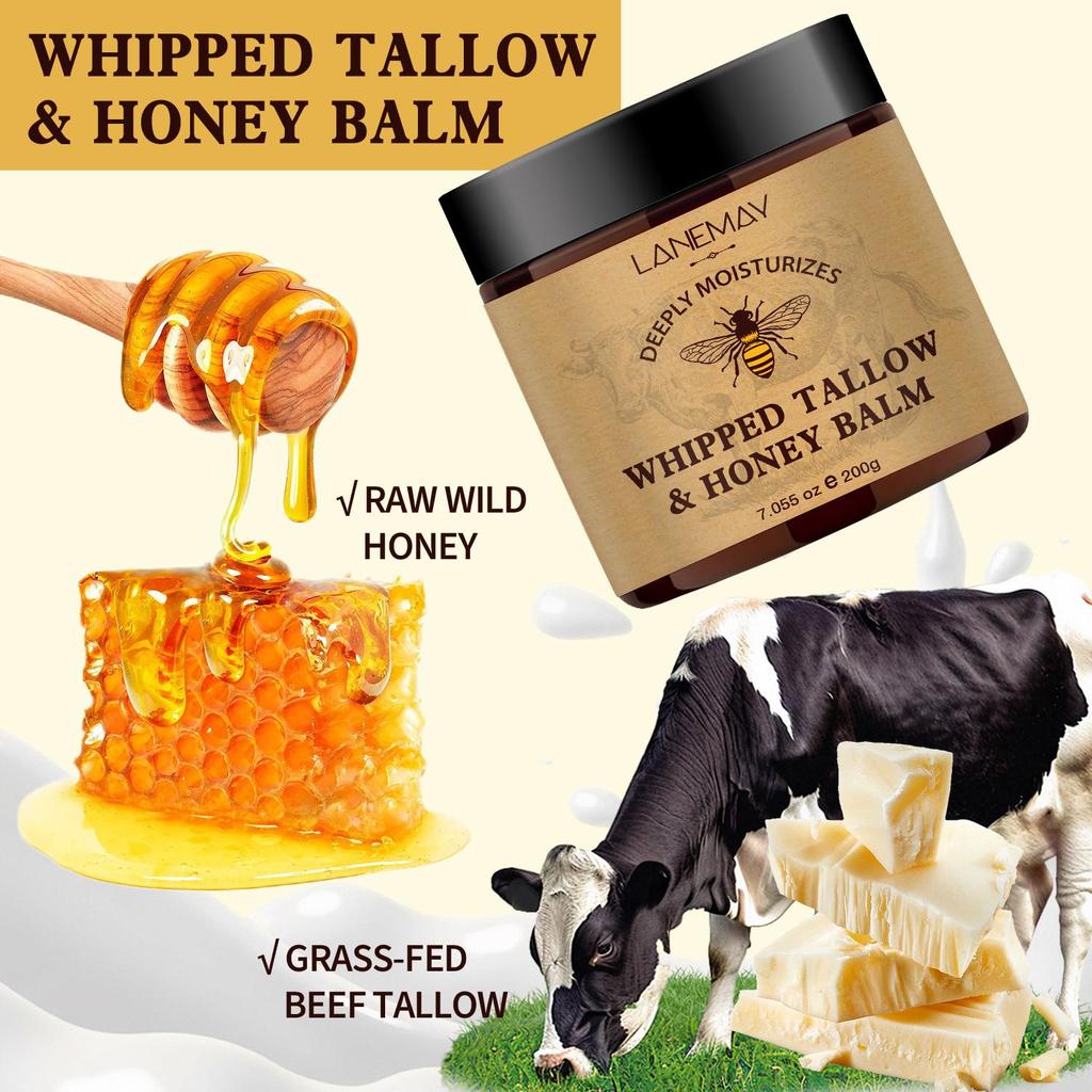 Whipped Tallow & Honey Balm-Soothes Dry, Irritated Skin-Deeply Moisturizes And Nourishing Skin-Suitable For All Skin Types, 200g