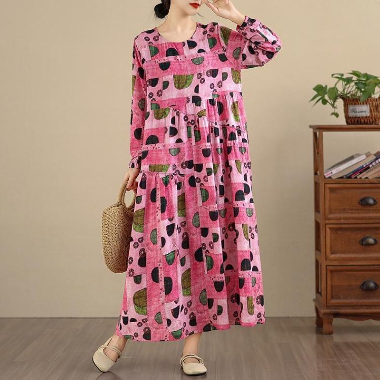 New Vintage Floral Maxi Dress Women Plus Size Oversize Long Sleeve Loose Basic Spring Long Dress