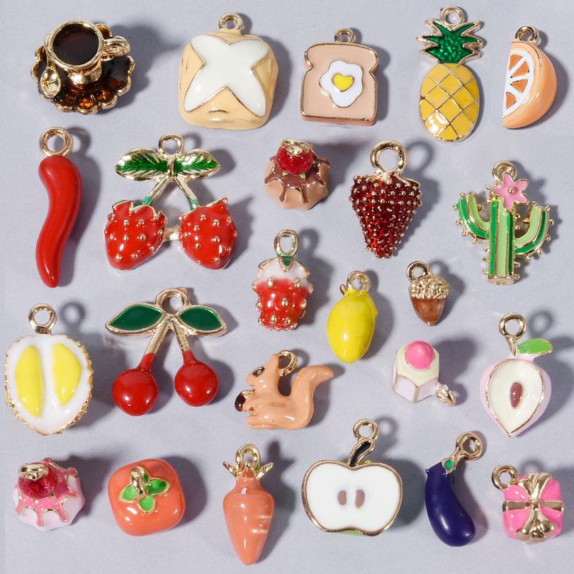 5/24pcs Cake Coffee Food Pendant Enamel Chilli/Strawberry/Cherry Charms For Jewelry Making Bulk DIY Bracelets Necklace Pendants