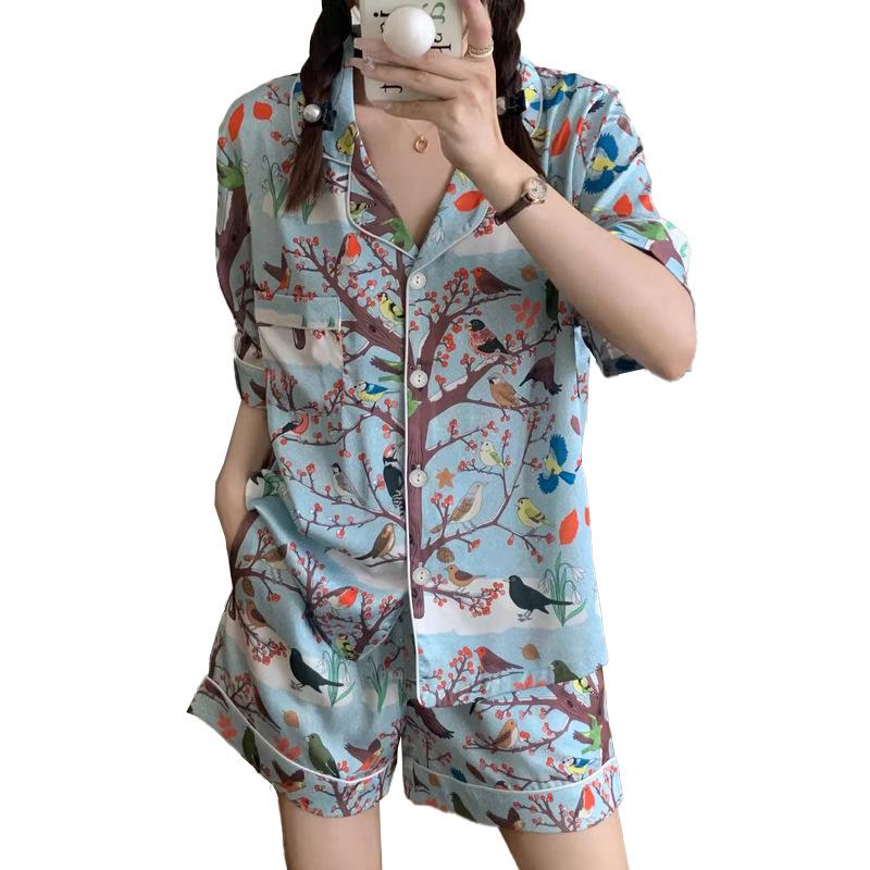 Pastoral Printed Pajamas Women'S Spring And Summer Loungewear Cardigan Short-Sleeved Casual Two-Piece Set
