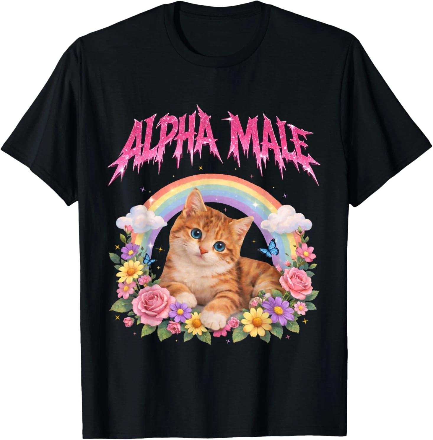 Alpha Male Funny Kitten Rainbow Floral T-Shirt S