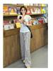 Petite High-Waisted Black & White Striped Wide-Leg Drawstring Pants