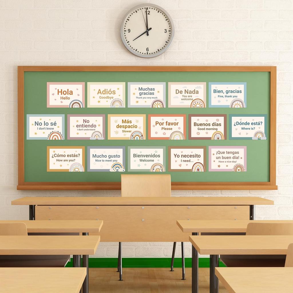 WATINC Spanish Words Phrases Poster - 16pcs Spanish Posters Set Classroom Decorations, Bilingual Study Learning Materials Teacher Supplies, Spanish