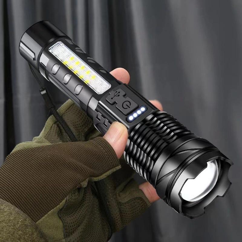 USB Rechargeable Multi-Function Outdoor Flashlight with White Laser, Side Red & Blue Warning Lights