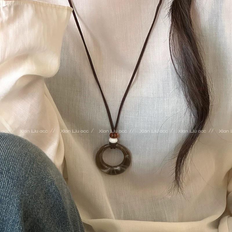 Vintage Ethnic Style Brown Hollow Geometric Circle Long Pendant Necklace For Women