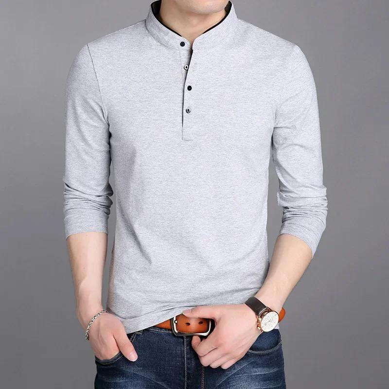 2026 Brandneues Frühlings-T-Shirt für Herren Langärmeliges T-Shirt für Herren Vertikaler Kragen Einfarbige T-Shirts Herren Poloshirt Herren Oberteile T-Shirts