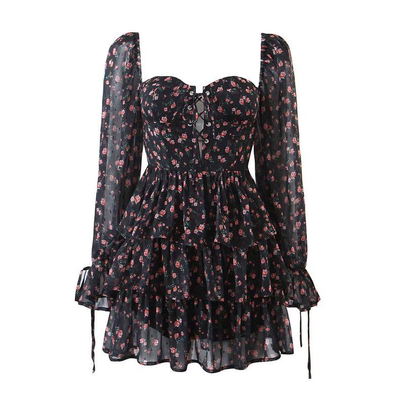 

Young Fairy Gentle Retro Chiffon Cake Dress Black Floral(High quality) L