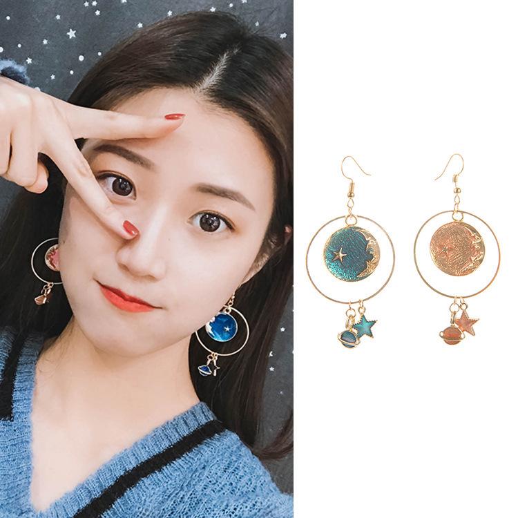Japanese Small Fresh Blue Star Moon Earrings Symmetrical Versatile Planet Geometric Round Ear Hook Long Earrings