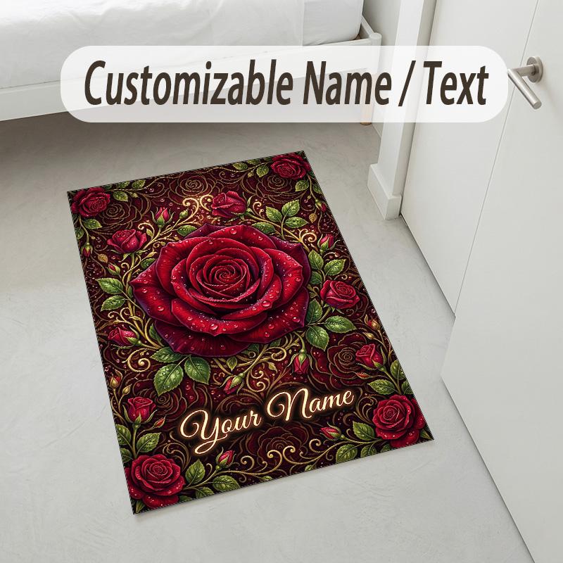 Roses Butterflies Theme Soft Crystal Velvet Rug Custom Name & Text Print Non Slip Floor Rug for Bedroom Living Room