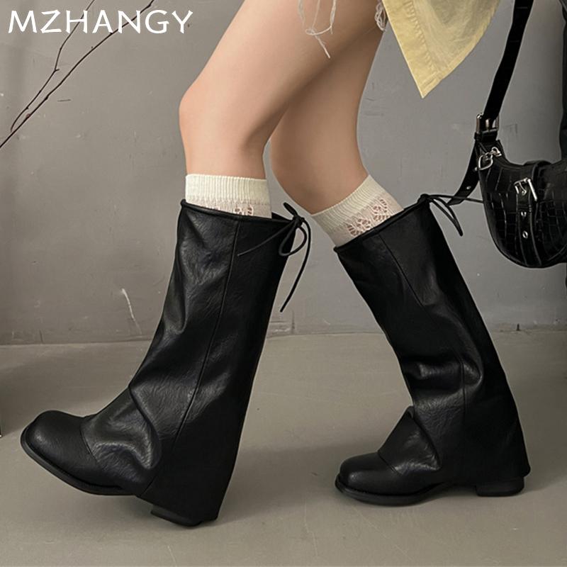 High Boots Women's Mid Heels Chunky Designer Shoes  Fashion Chelsea Boots Pumps Lace Up Leather Shoes New Autumn Mujer Boots