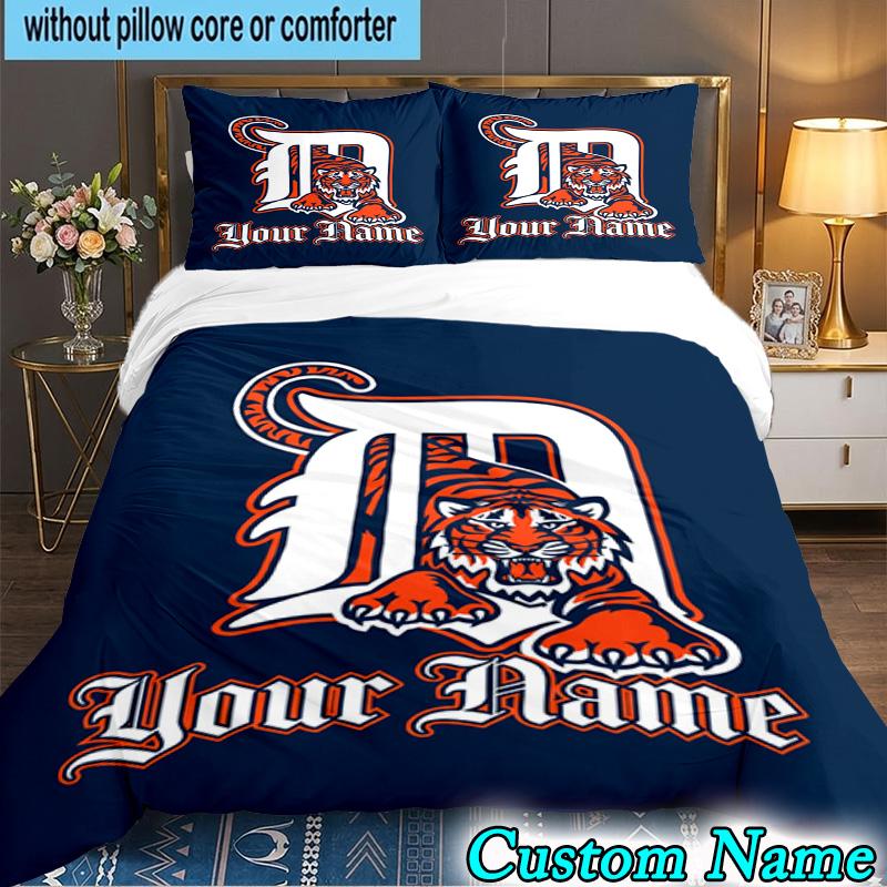 Custom Name 3PCS Detroit Tigers Emblem Bedding Set,Including Duvet Cover And 2pcs Pillowcases Perfect for Bedroom,Dormitory,Fan Christmas Gift