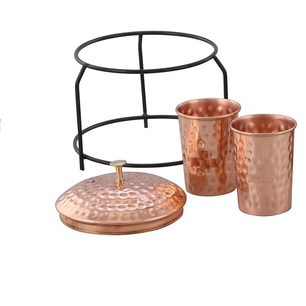 5litrový měděný dávkovač vody se stojánkem a 2 sklenicemi Bez BPA, netoxická vrážená textura, nerezavějící a odolná s přidanými zdravotními přínosy mědi