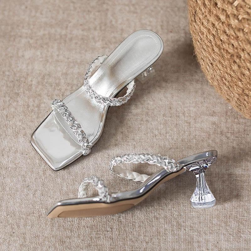 Transparent Slim Heel Liangtuo Women's Square Toe Open Toe Crystal One Strap Anti-slip Wear-resistant High Heels