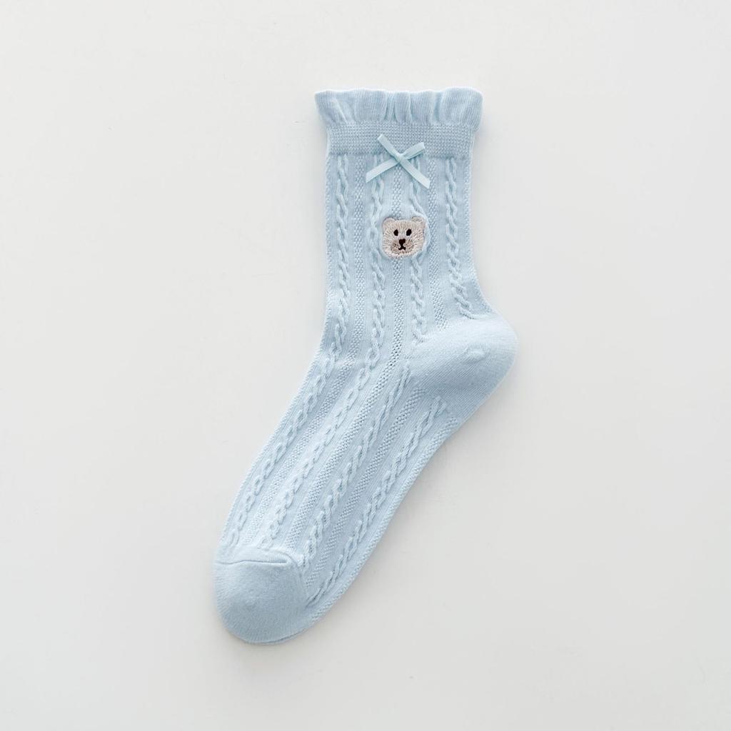 Female Summer Thin Bow Wood Ear Lace Cartoon Bear Embroidered Medium Tube Pile Socks
