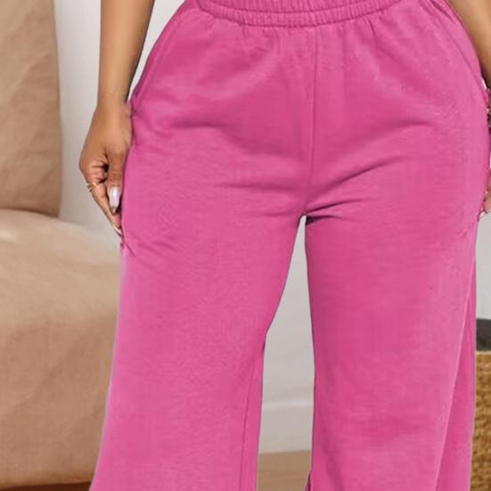 Women Casual Pants Solid Color Wide Leg Trousers with Pockets Elastic High Waist Hip Hop Style Long Pants