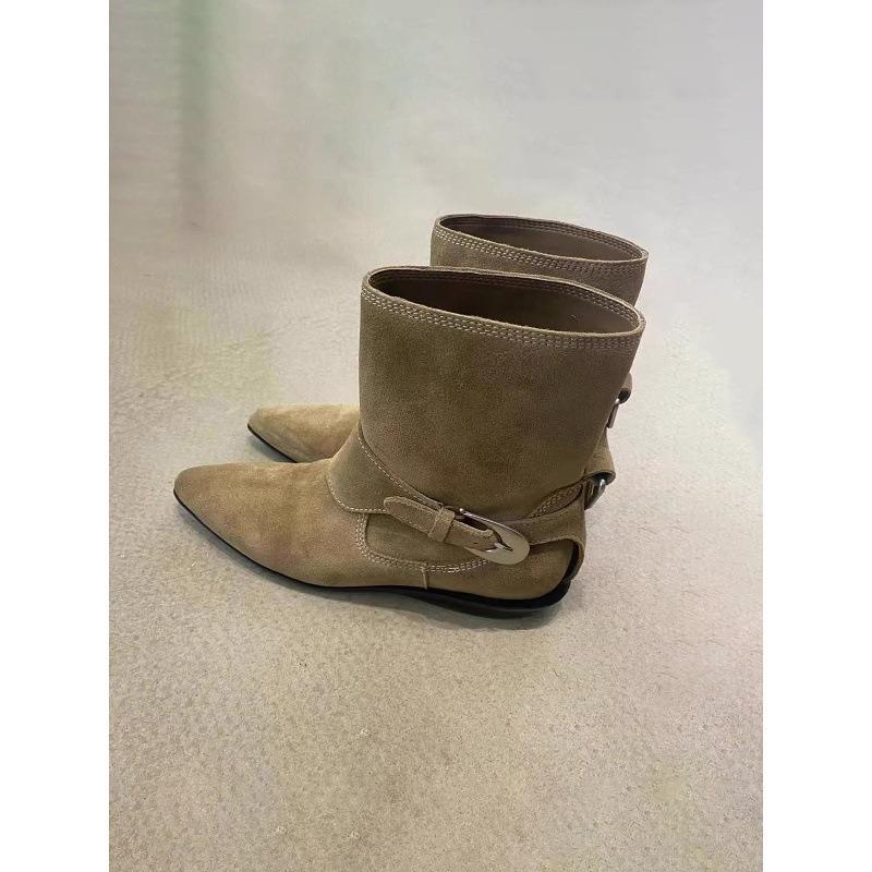 Cowhide version niche pointed short boots western cowboy boots women's thick heel belt buckle leather boots martin boots